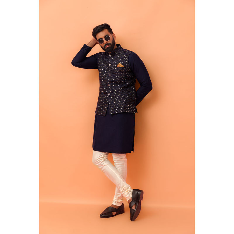 KISAH Men Navy Blue Embellished Silk Blend Jacquard Kurta Jacket Churidar Set with Ethnic Motifs (40)