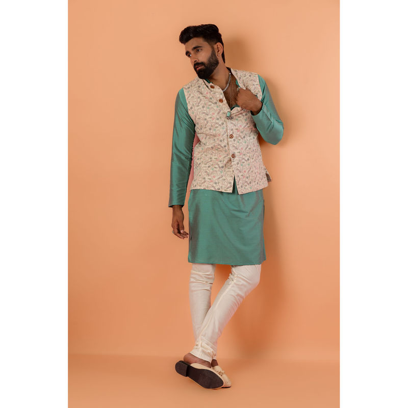 KISAH Men Cream Kurta Printed Nehru Jacket Churidar Set (Set of 3) (38)