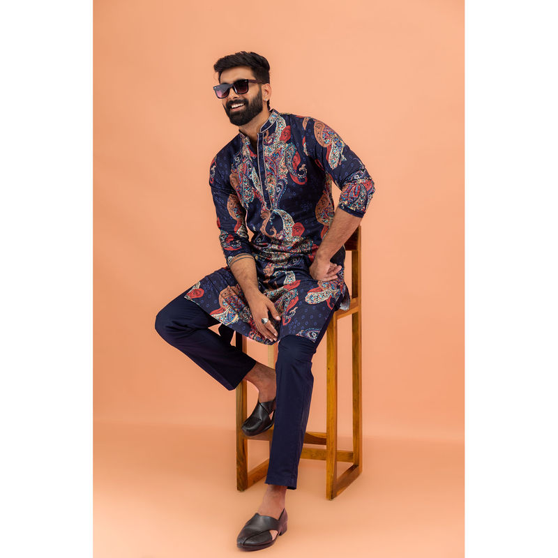 KISAH Men Navy Blue Kurta Trousers (Set of 2) (40)