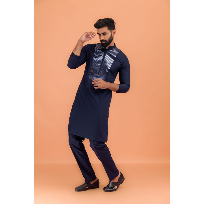 KISAH Men Navy Blue Kurta Trousers (Set of 2) (38)