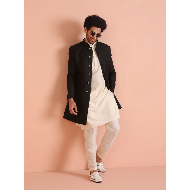 KISAH Men Black Solid Cotton Blend Kurta Indowestern Sherwani Trouser Set (38)