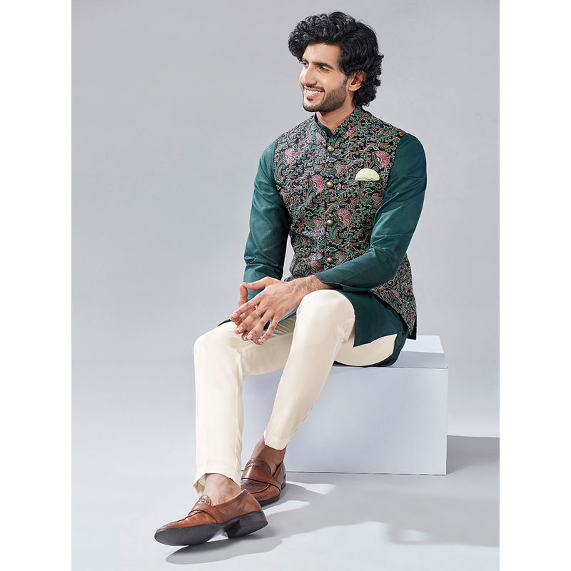 KISAH Men Multi Coloured Printed Pure Cotton Kurta Jacket Trouser Set with Kantha Print (40)