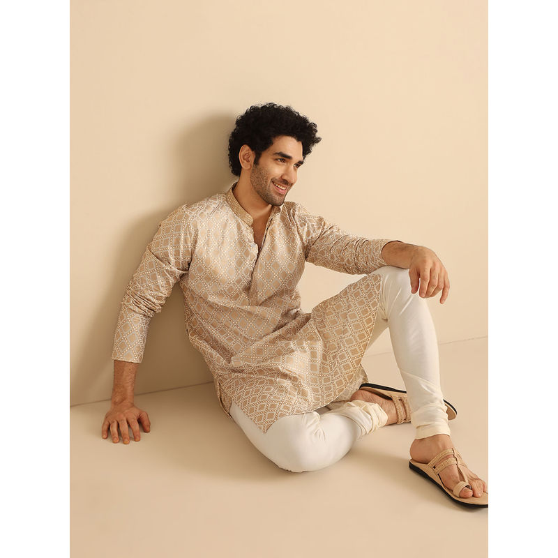 KISAH Men Beige & Gold Foil Printed Cotton Blend Kurta with Zari Design (L)