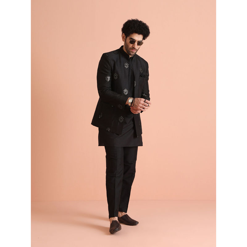 KISAH Men Black Kurta with Bandhgala and Trouser (Set of 3) (S)