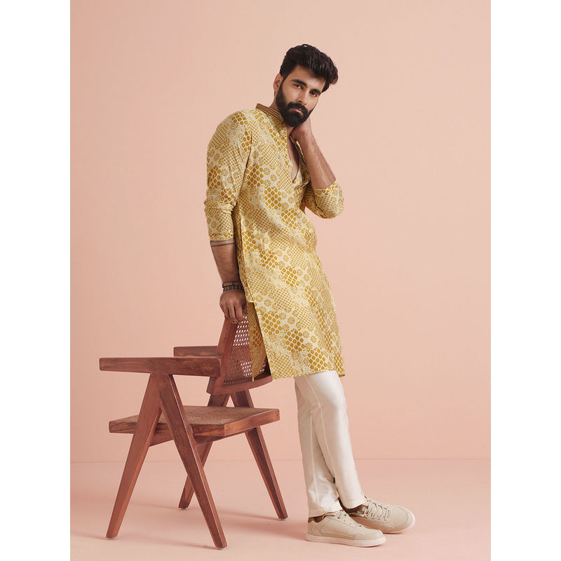KISAH Mens Mustard Blended Printed Kurta (42)