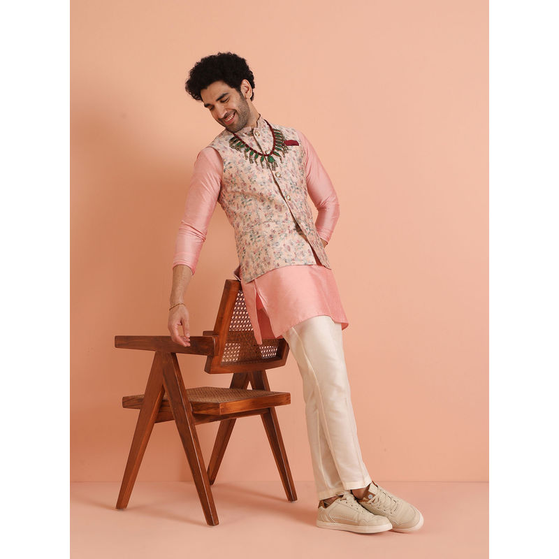 KISAH Men Pink Woven Design Floral Kurta with Pant and Nehru Jacket (Set of 3) (38)