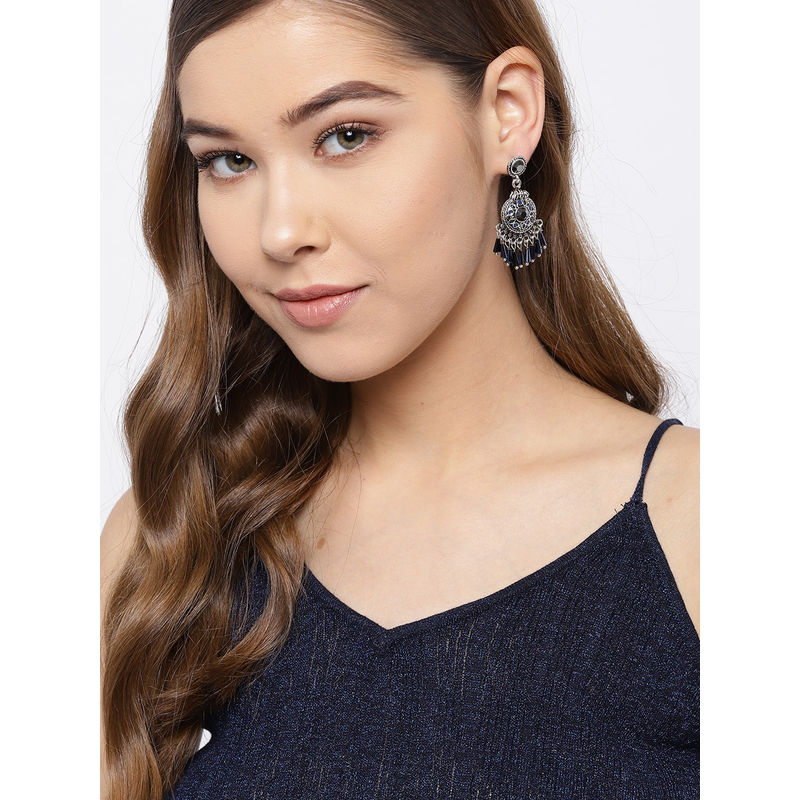 Jewels Galaxy Navy Blue Oxidised SilverPlated StoneStudded Circular