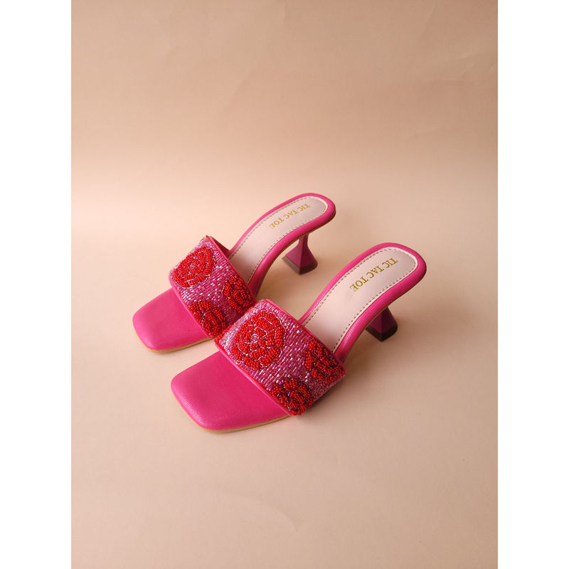 Tic Tac Toe Pink Rose Embroidered Block Heels (EURO 40)