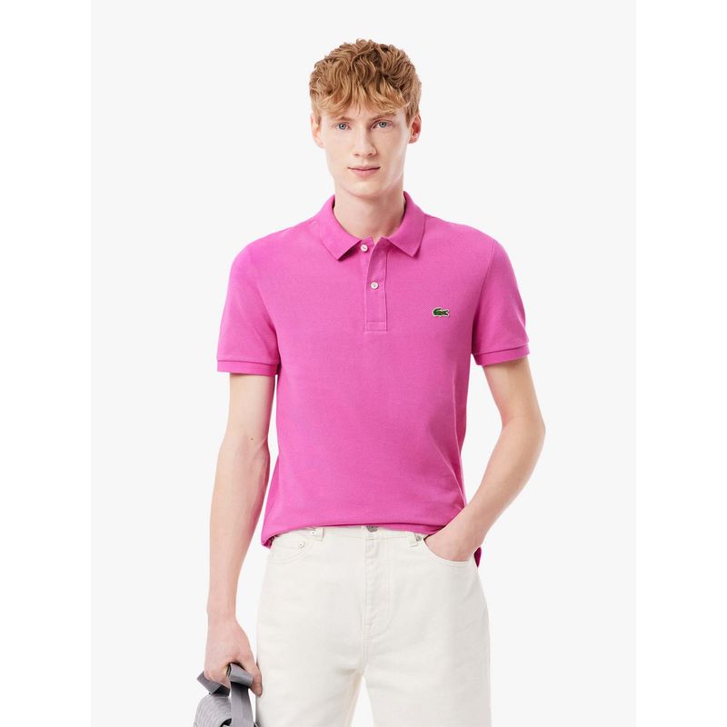 Lacoste Pink Solid Slim Fit Polo T-Shirt (M)