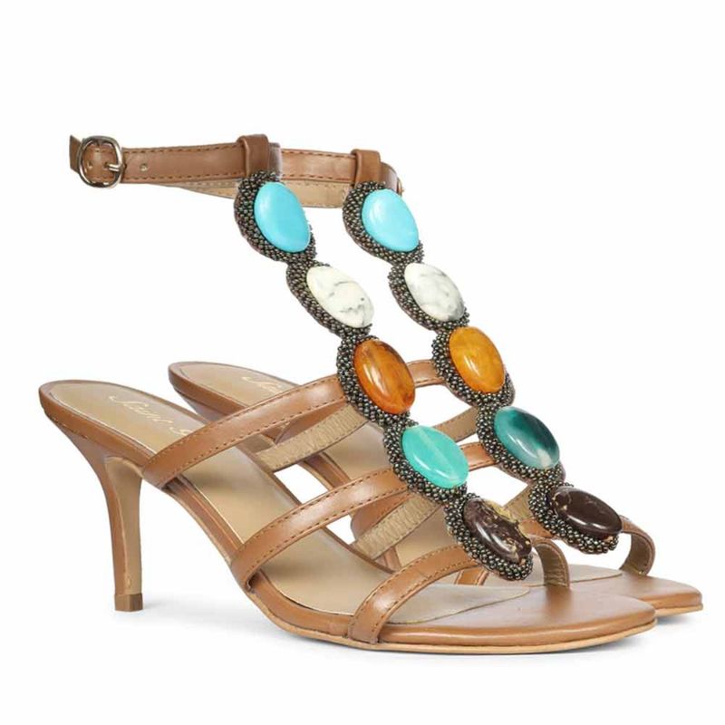 Saint G Multi Stone Embellished Tan Leather Stilettos (40)