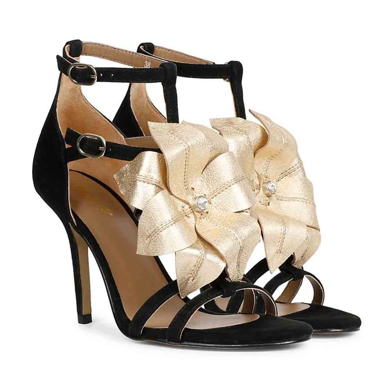 Saint G Gold Flower Embellished Black Leather Stilettos (UK 3)