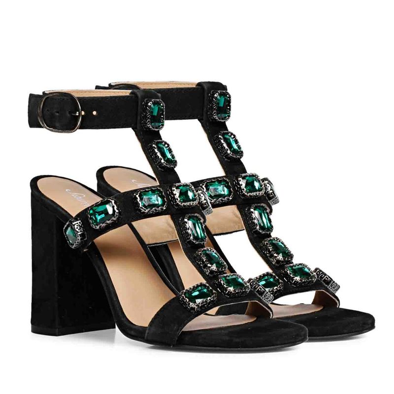 Saint G Green Stone Embellished Black Leather Block Heels (UK 5)