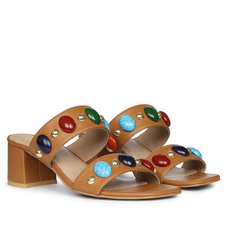 Saint G Multi Stone Jewelled Brown Leather Block Heels (EURO 37)