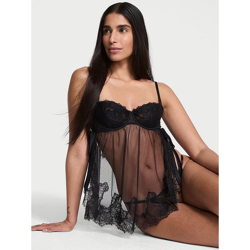 Victoria's Secret Women Black Lace-Trim Babydoll with Panty (S)