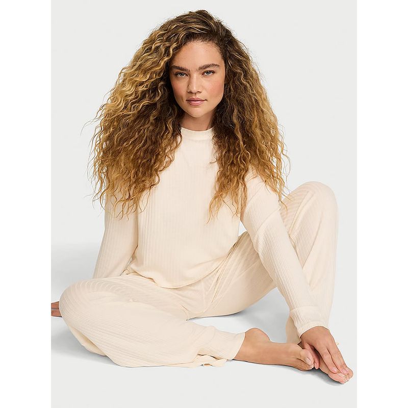 Victoria's Secret Women Cream Textured Top with Pyjama (S)