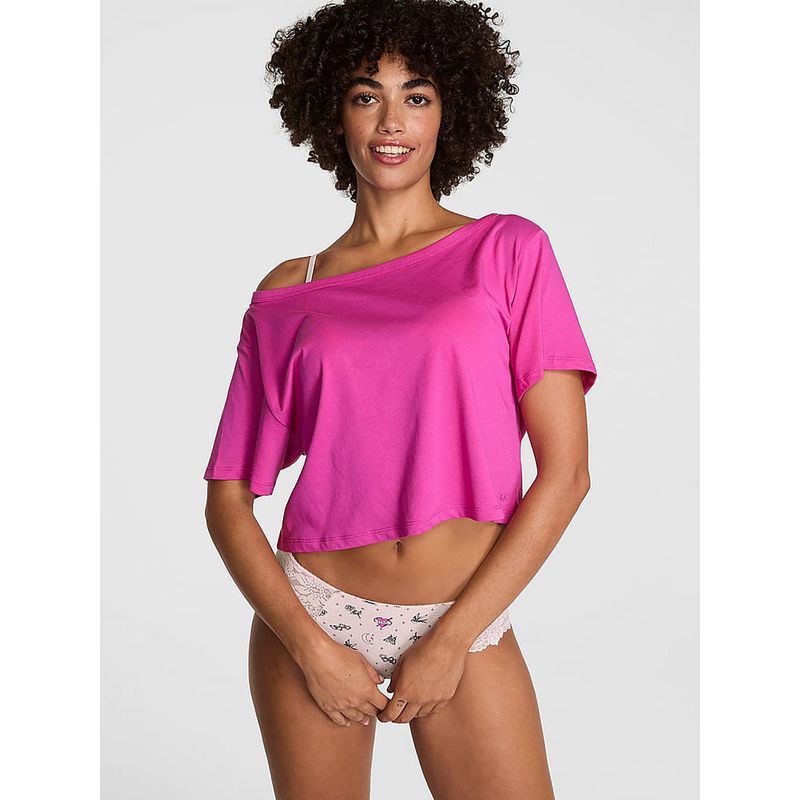 Victoria's Secret Women Pink Solid Slouchy Cropped T-shirt (S)