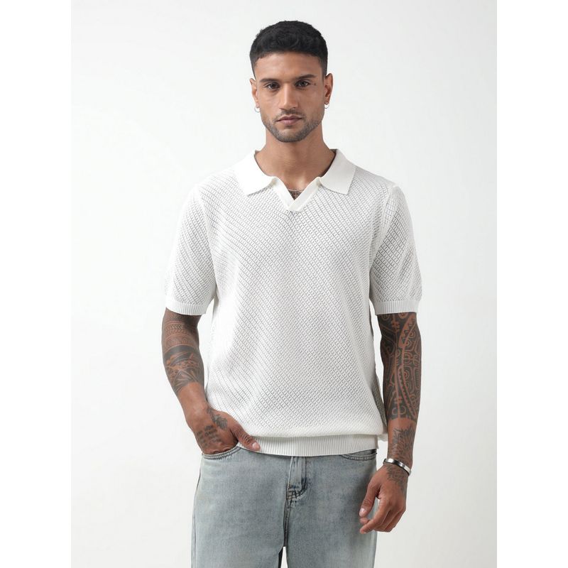 SHOWOFF Edition Self-Design White Knitted Polo T-Shirt (S)