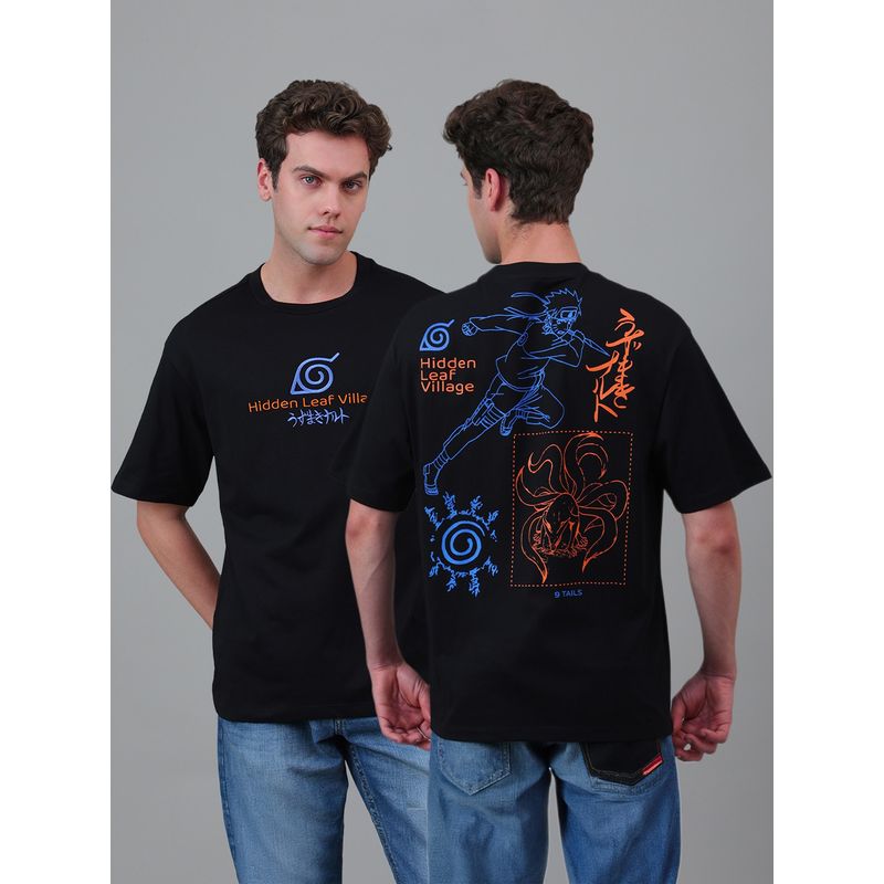 Free Authority Naruto: Hidden Leaf Village Graphic Printed Cotton Oversized Black T-Shirt (S)