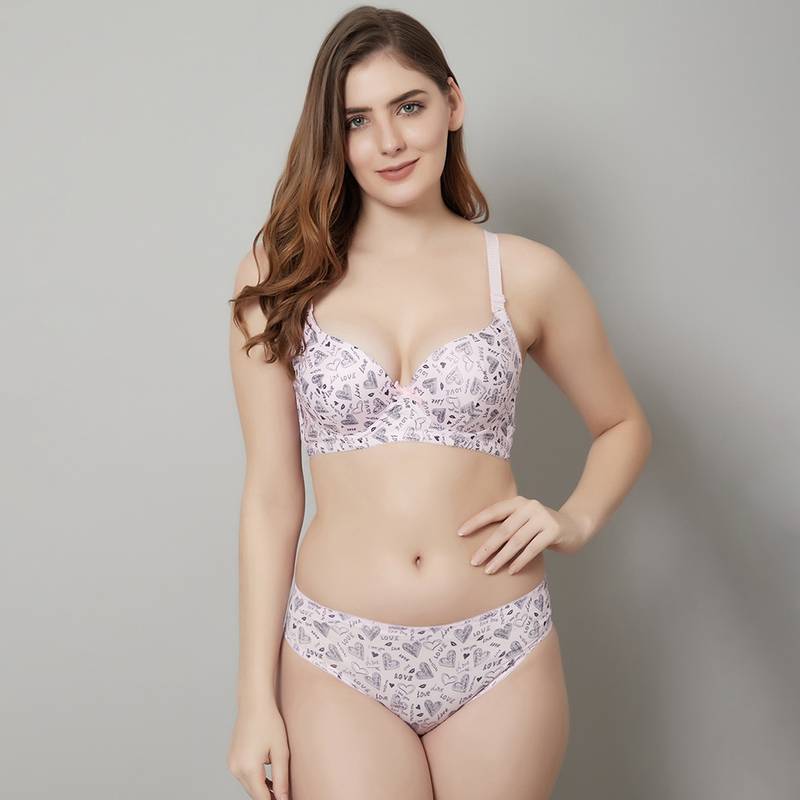 Prettycat Beautiful Love Print Lightly Padded T-Shirt Bra Panty Set - Pink (34B)