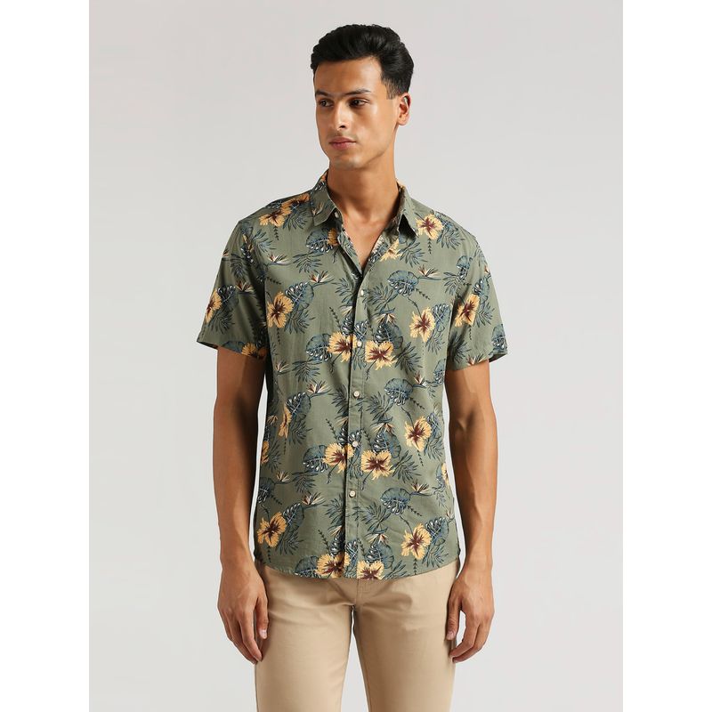 Pepe Jeans Olive Benjiro Floral Printed Cotton Modal Shirt (XL)
