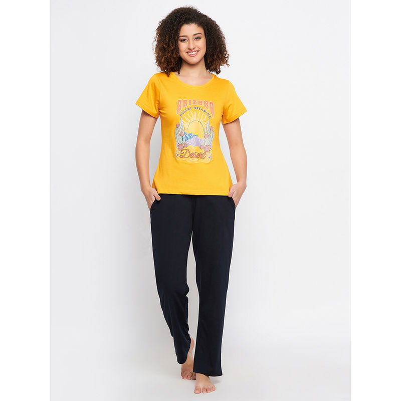 Clovia Multi-Color Cotton Printed T-Shirt and Pyjama (Set of 2) (M)