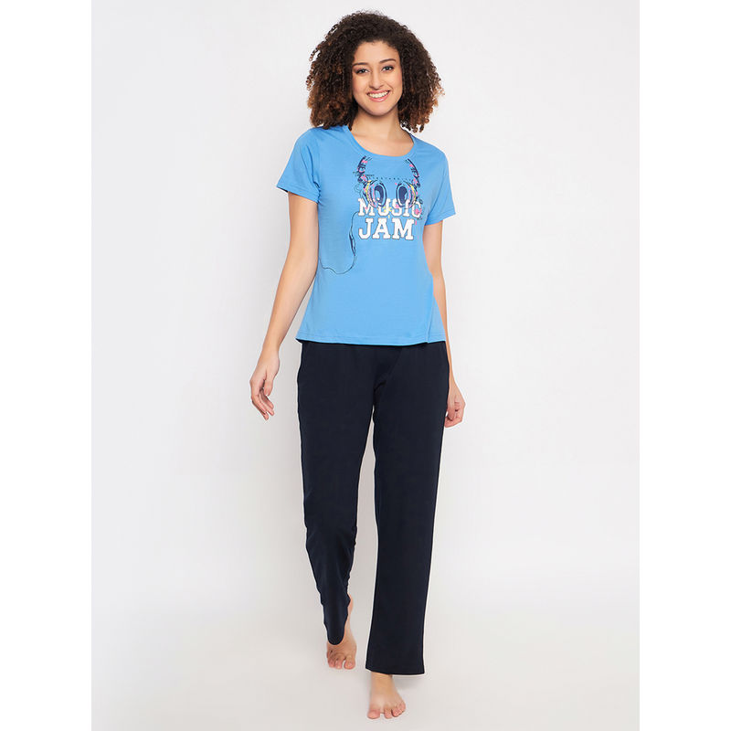 Clovia Multi-Color Cotton Printed T-Shirt and Pyjama (Set of 2) (L)