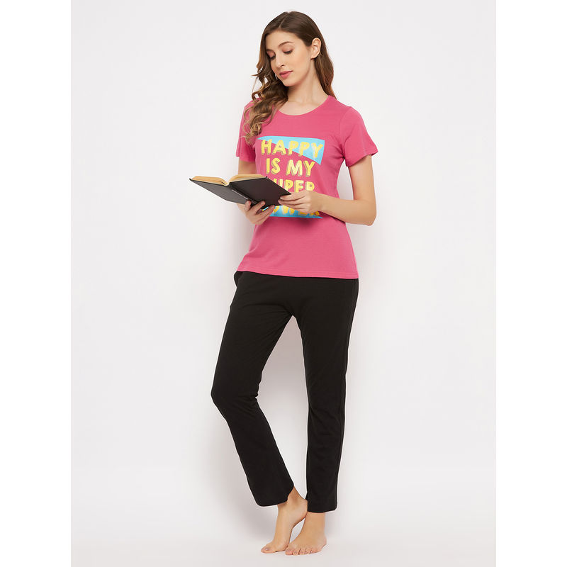 Clovia Pink Cotton Printed Sleepwear T-Shirt (S)