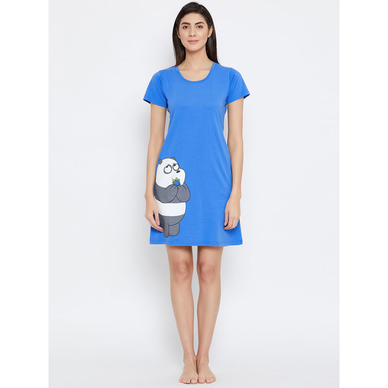 Clovia Blue Cotton Printed Short Night Dress (S)