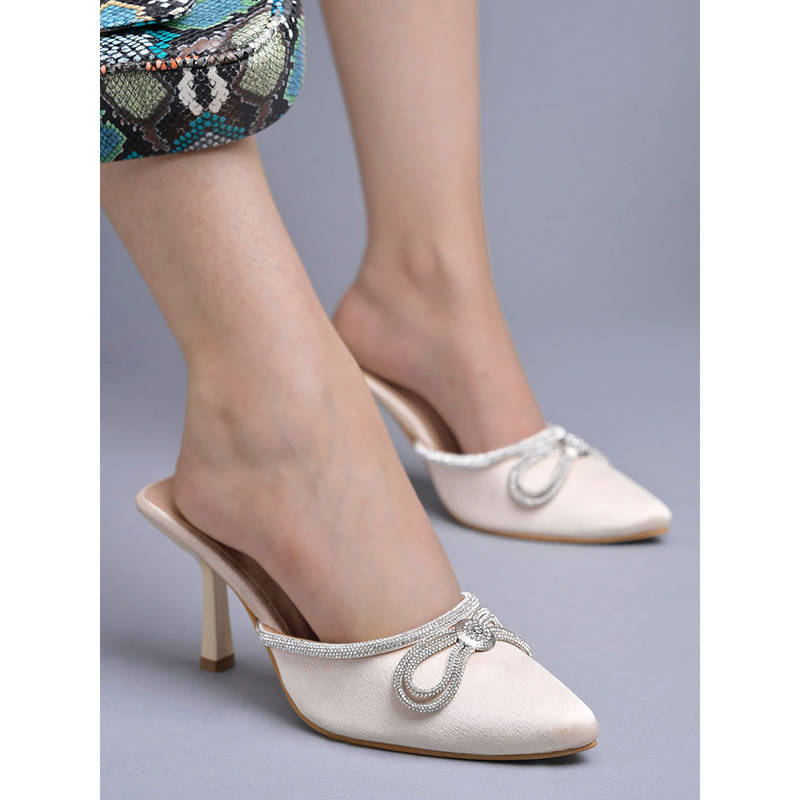 Shoetopia Crystal Embellished White Mule Heels for Women (EURO 38)