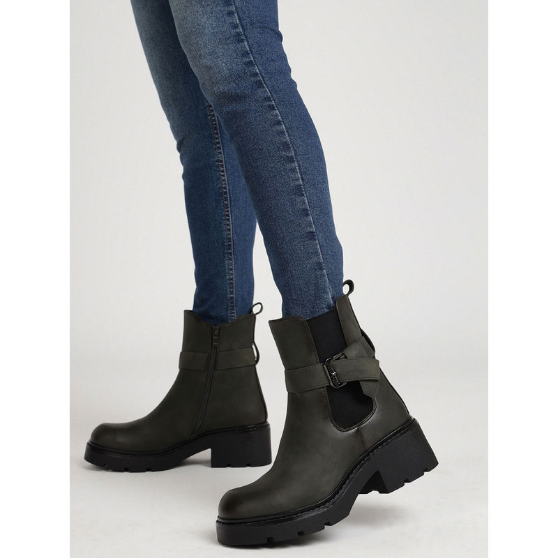 Truffle Collection Green Solid Buckle Boots (UK 5)
