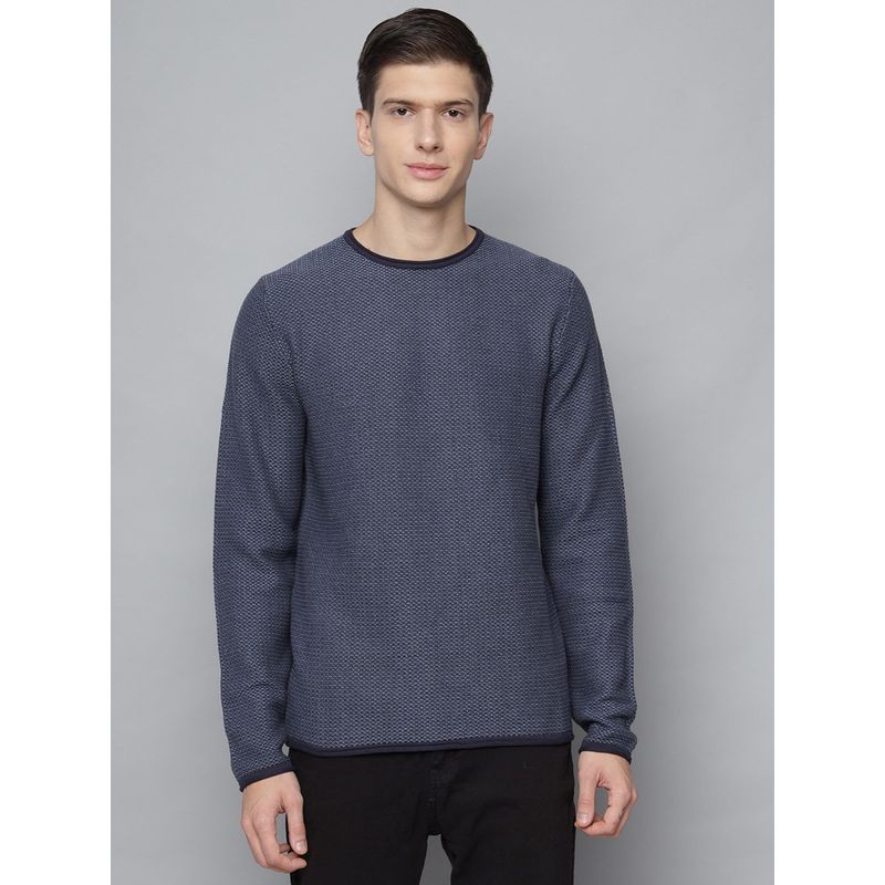 LINDBERGH Navy Blue Solid Round Neck Sweater (L)