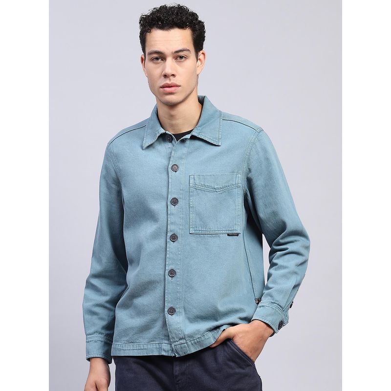 Monte Carlo Men Solid Blue Collar Neck Full Sleeve Shirt (M)