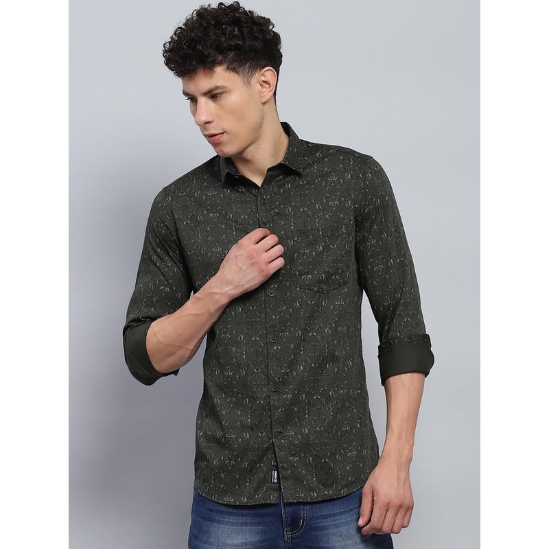 Monte Carlo Men Printed Green Collar Neck Full Sleeve Shirt (L)