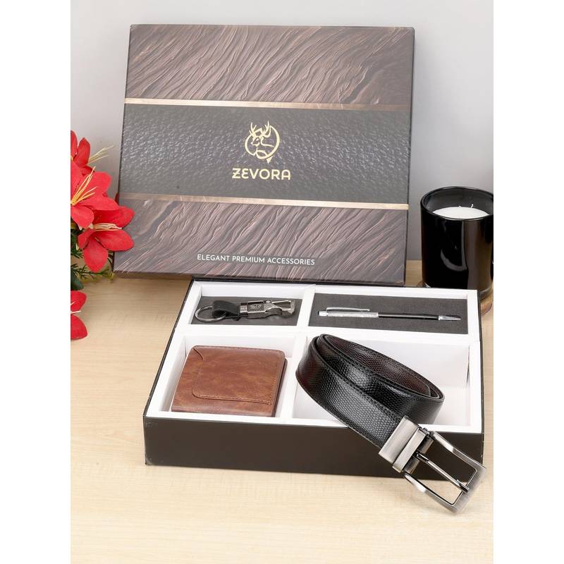 ZEVORA Men Reversible Black Belt with Wallet, Pen & Keychain (28)