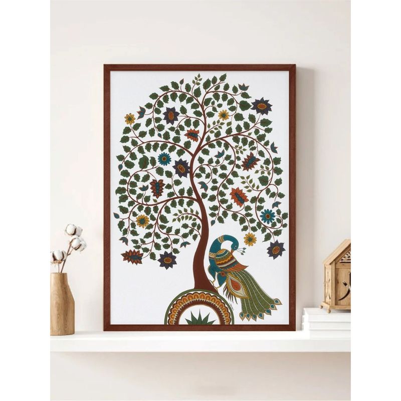 Indian Classic Art Kalamkari Tree of Life with Peacock Printed Wall Art