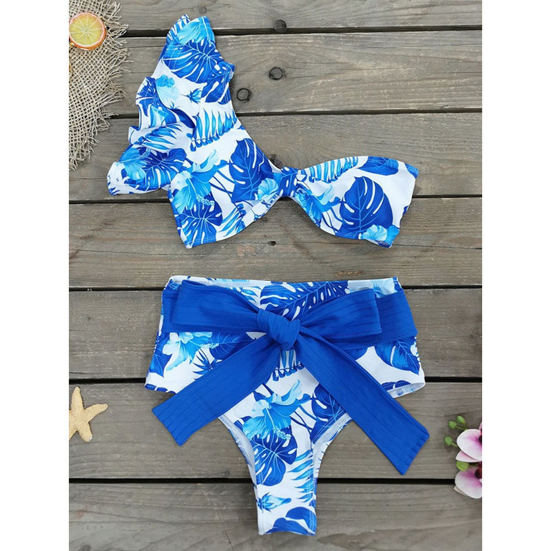 Addery Blue One-Shoulder Ruffled Bikini Top and Bottom (Pack of 2) (XS)