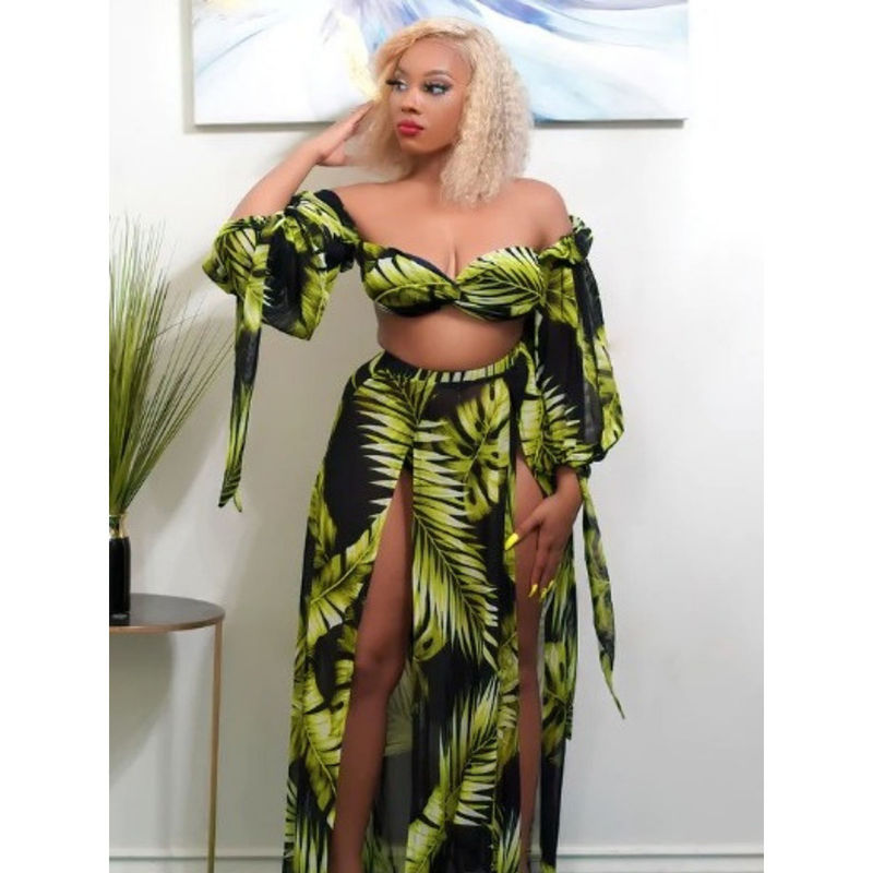 Addery Green Palm Leaves Swimwear Top Bottom with Sarong and Detachable Sleeves (Pack of 4) (S)