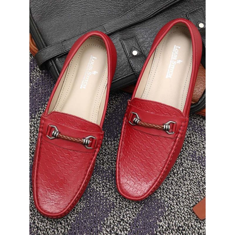 Louis Stitch Cherry Red Premium Italian Leather Handcrafted Textured Loafers for Men (UK 6)