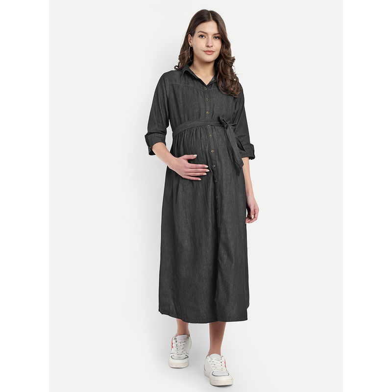 Mamma's Maternity Black Solid Denim Maternity Dress with Belt (Set of 2) (L)