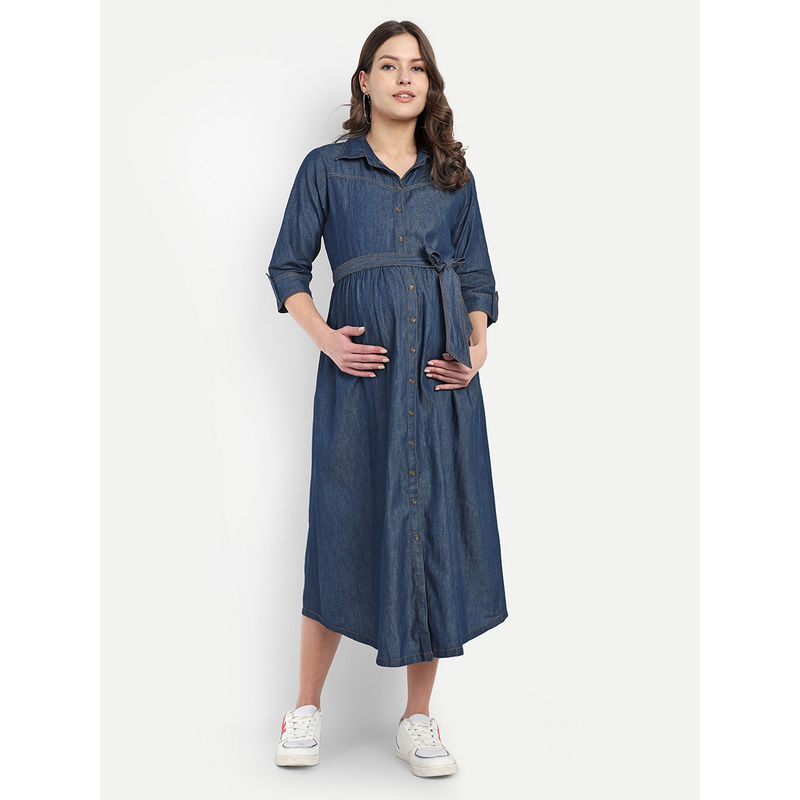 Mamma's Maternity Navy Blue Solid Denim Maternity Dress with Belt (Set of 2) (M)