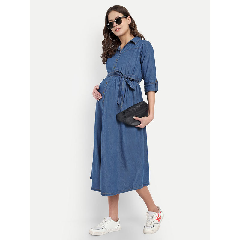 Mamma's Maternity Light Blue Solid Denim Maternity Dress with Belt (Set of 2) (2XL)