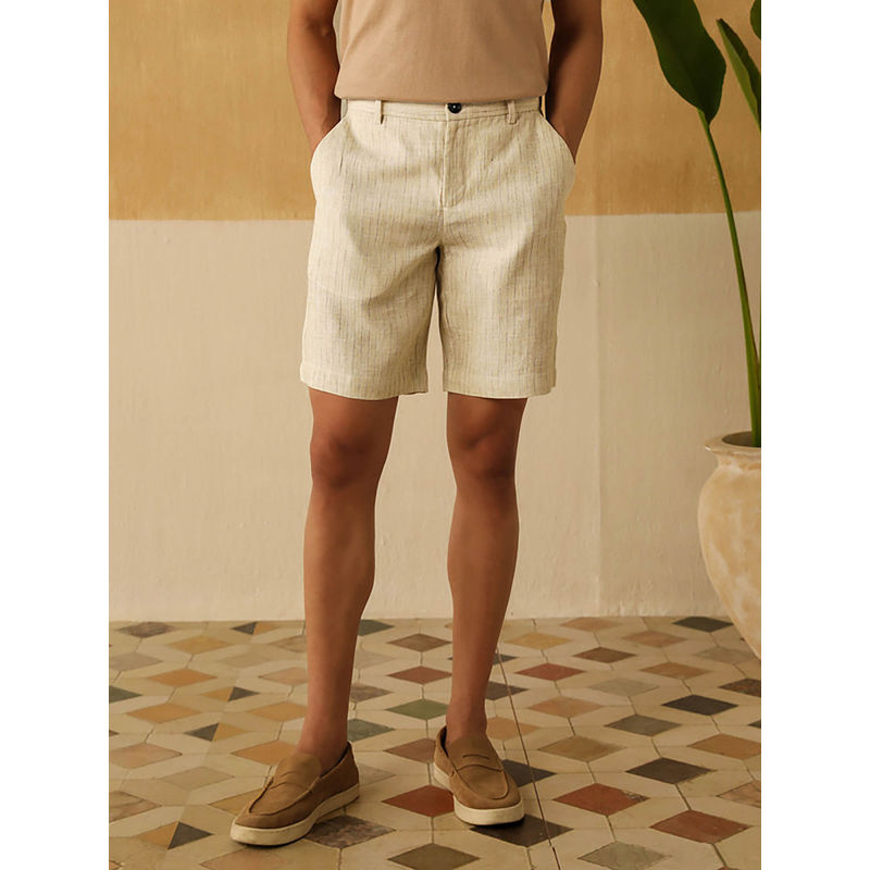 Andamen Regular Fit Men Beige Stripe Linen Twill Shorts (38)