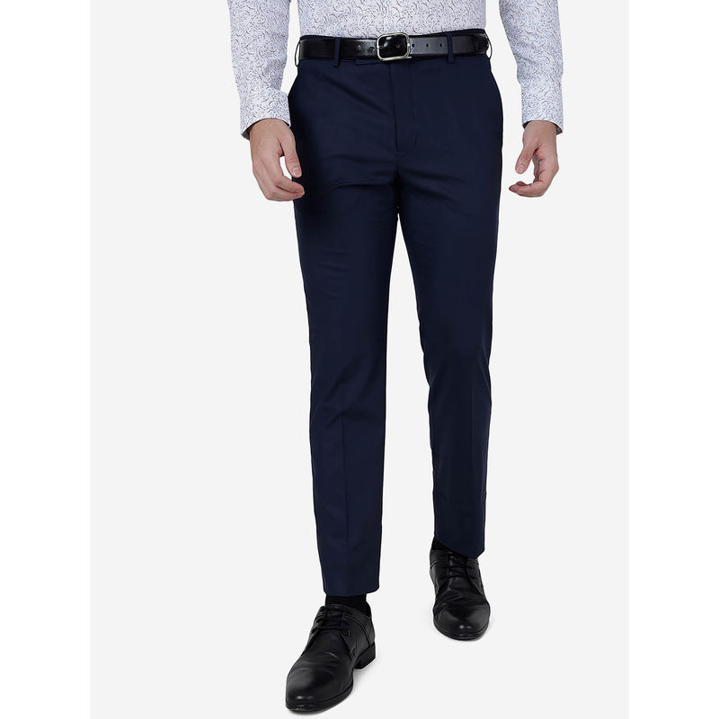 Metal Mens Navy Blue Terry Rayon Slim Fit Solid Formal Trouser (34)