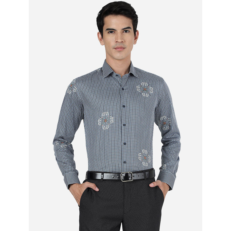 JB Studio JB Blue 100% Cotton Slim Fit Checked Party Wear Shirt (40)