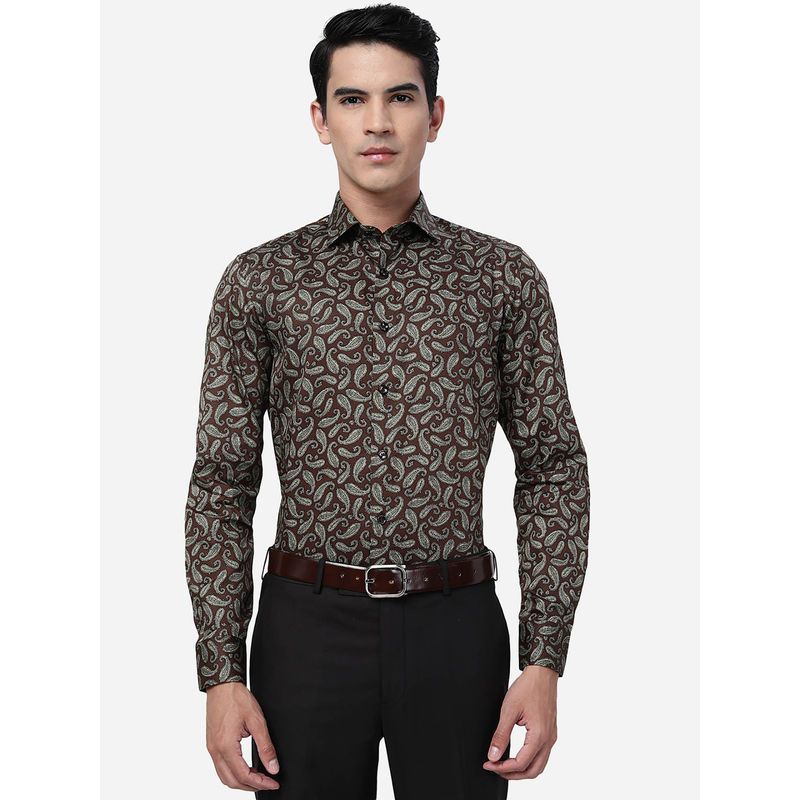 JB Studio JB Coffee Brown 100% Cotton Slim Fit Printed Formal Party Wear Shirt (40)