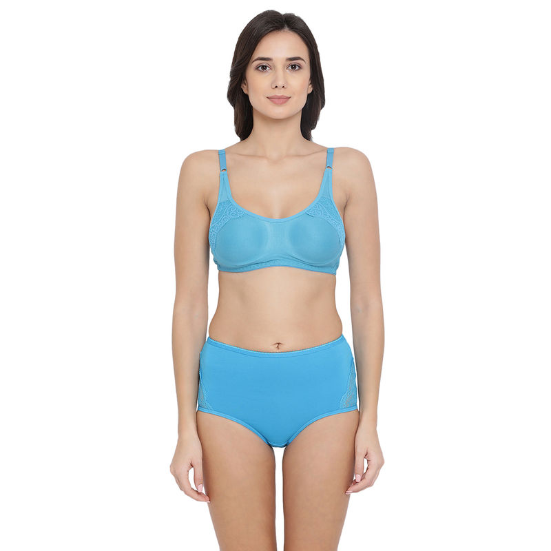 Clovia Cotton Rich Non-Padded Non-Wired Bra & High Waist Hipster Panty - Blue (32B)