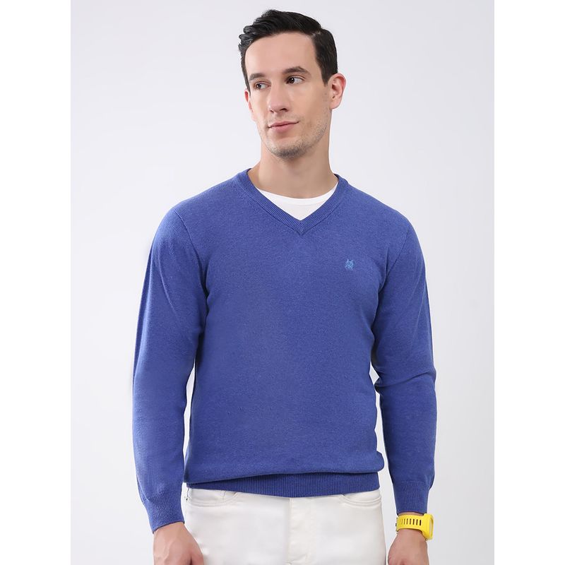 Monte Carlo Men V-Neck Full Sleeves Sweater - Blue (L)