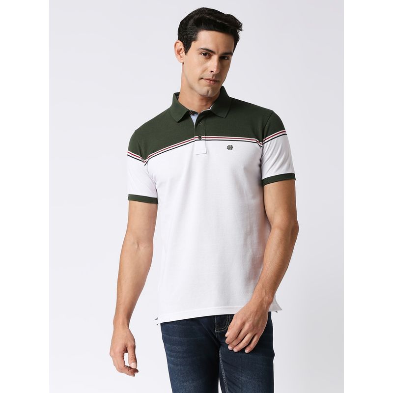 Dragon Hill Half Sleeves White Colour Blocked Pique Polo T-Shirt (L)