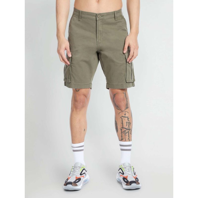 Flying Machine Green Solid Twill Mid Rise Shorts (32)