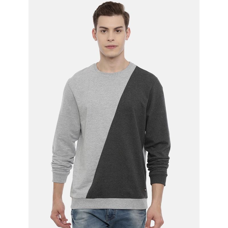 3PIN Men Grey & Charcoal Colourblocked Sweatshirt (S)